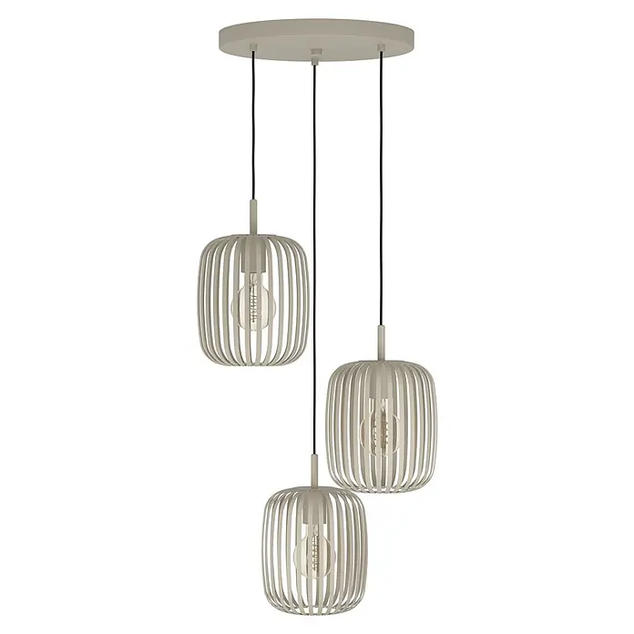 Eglo Romazzina Pendelleuchte - 120 W, Ø x H: 46 x 110 cm, Sand, E27 - Eine Hängeleuchte mit drei Lampenschirmen aus Holzlatten, die ein warmes Licht verbreiten und eine gemütliche Atmosphäre schaffen.