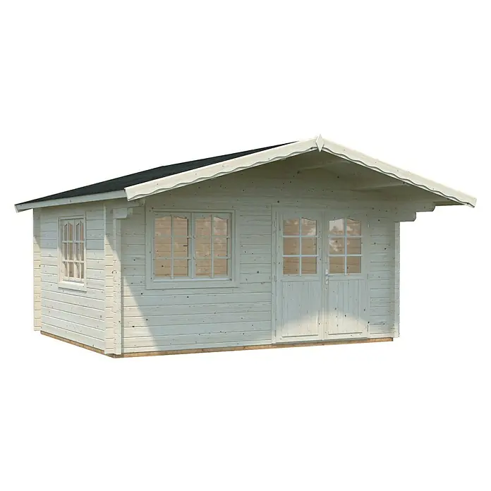 Palmako Gartenhaus - Außenmaß inkl. Dachüberstand (B x T): 514 x 524 cm, Holz, Natur, tauchgrundiert - Dieses Bild zeigt ein kleines, weißes Gartenhaus mit Fenstern und einer Tür. Das Gartenhaus hat ein schwarzes Dach und ist aus Holz gefertigt.