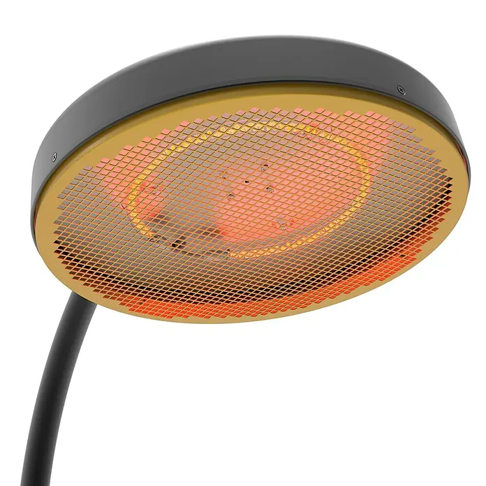 GardWell Heizstrahler Banana Jakana - 2.000 W, Schwarz, Höhe: 2,24 cm - Eine Nahaufnahme einer runden Heizlampe mit einem Schutzgitter davor, die Wärme ausstrahlt.