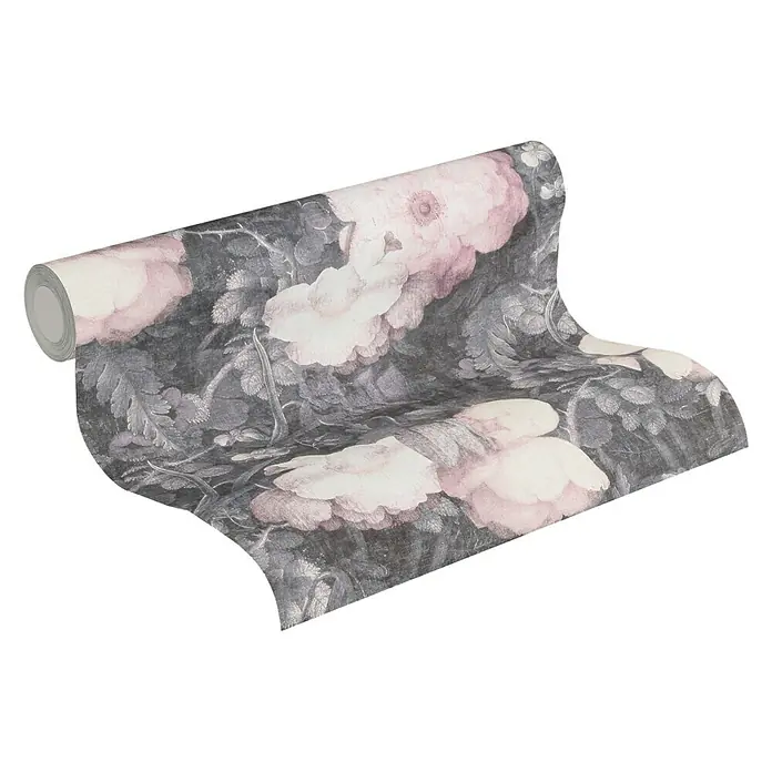 A.S. Création Metropolitan Stories Vliestapete Aquarell-Blume - Grau/Rosa, Floral, 10,05 x 0,53 m - Eine Rolle grauer Tapete mit einem zarten Blumenmuster in Rosatönen, das eine elegante und stilvolle Wanddekoration verspricht.