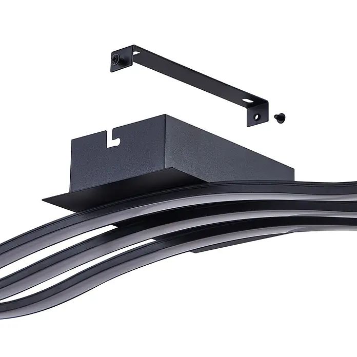 Eglo LED-Wand- & Deckenleuchte - 21 W, L x B x H: 65 x 13 x 4,5 cm, Schwarz/Weiß, Warmweiß - Detailaufnahme einer schwarzen Stromschiene mit Aufbaugehäuse und Befestigungswinkel, ideal für moderne Beleuchtungssysteme.