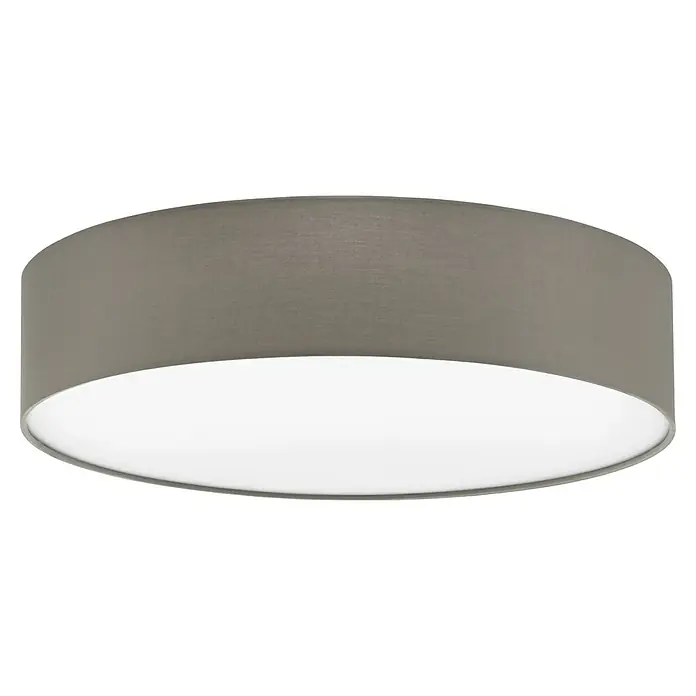 Eglo Pasteri Deckenleuchte rund - 180 W, Ø x H: 570 mm x 15 cm, Taupe, Weiß, E27 - Nahaufnahme einer modernen Deckenleuchte mit einem grauen Lampenschirm und einem diffusen Licht, ideal für eine sanfte Raumbeleuchtung.