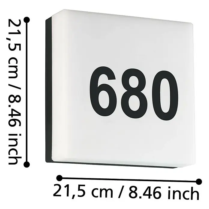 Eglo LED-Außenwandleuchte Cornale - 8,2 W, Schwarz, Anthrazit, Weiß, IP44 - Hausnummernleuchte mit der Zahl 680, quadratisch und weiß, Maße 21,5 cm x 21,5 cm.