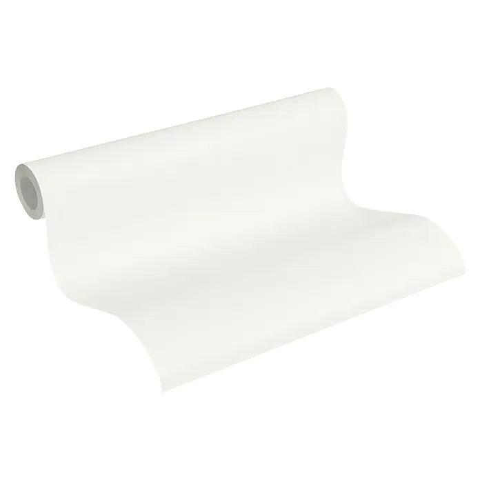 A.S. Création Trendwall Vliestapete Glamour Edition - Weiß, Uni, 10,05 x 0,53 m - Rolle Tapete aus Papier. Die Tapete ist weiß und liegt auf einer weißen Oberfläche. Die Tapete ist aufgerollt und bereit für die Verwendung.