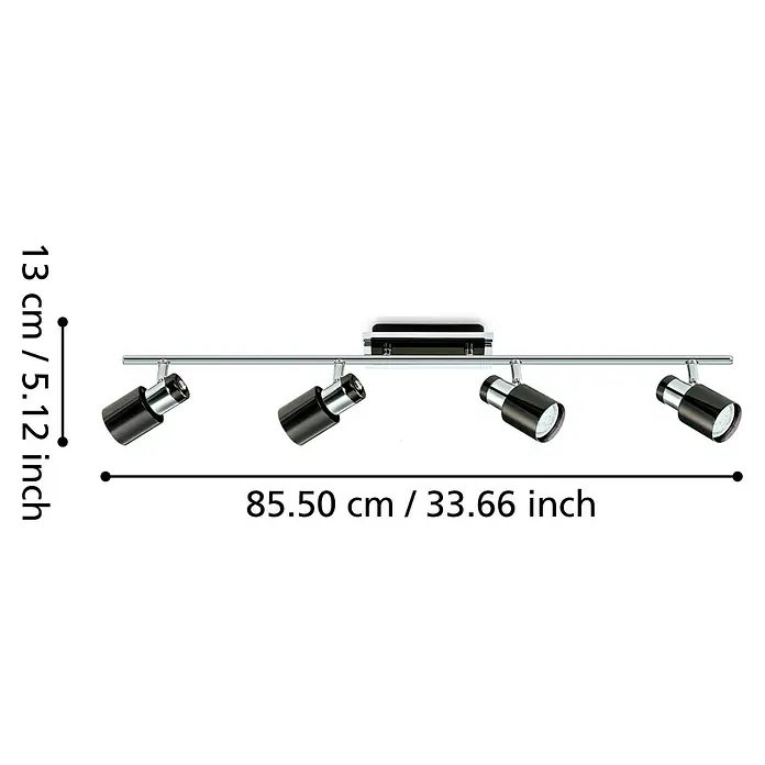 Eglo LED-Deckenleuchte Davida 1 - 20 W, Chrom, Nickel, Schwarz, Warmweiß - Aufnahme eines schwarzen Vierfach-Strahler-Deckenleuchte, Maße auf dem Bild dargestellt.