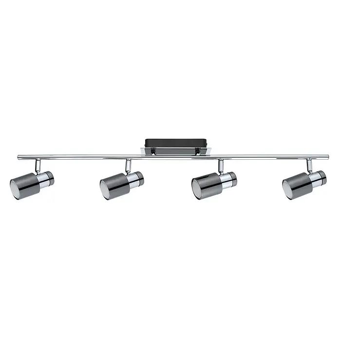 Eglo LED-Deckenleuchte Davida 1 - 20 W, Chrom, Nickel, Schwarz, Warmweiß - Bild einer Chrom-Spotleuchte mit vier Lichtern. Perfekt, um jedem Raum einen Hauch von moderner Eleganz zu verleihen.
