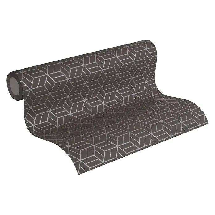 A.S. Création Metropolitan Stories Vliestapete Lizzy - Dunkelbraun, 3D-Optik, 10,05 x 0,53 m - Eine Rolle graue Rasch Textil Tapete mit einem geometrischen Würfelmuster und silbernen Akzenten. Perfekt für moderne Wohnräume.