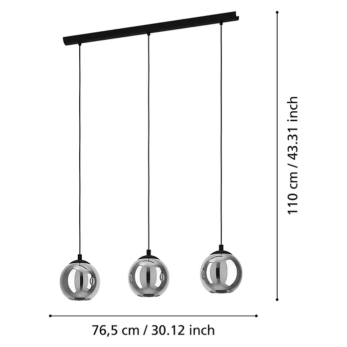 Eglo Pendelleuchte Ariscani - L x B x H: 76,5 x 16,5 x 110 cm, Rauchschwarz, Schwarz, E27 - Produktansicht: Die Pendelleuchte mit drei silbernen Kugelschirmen hängt an einem schwarzen Balken.