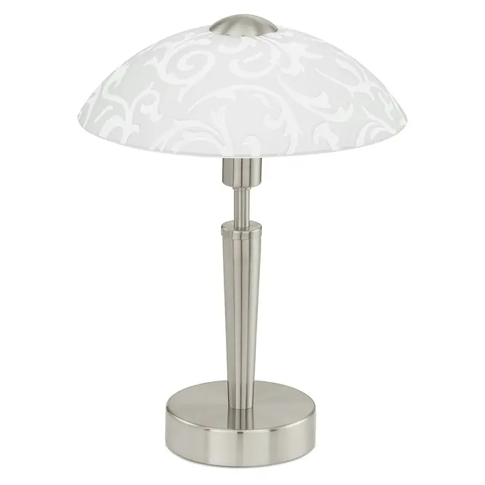 Eglo Tischleuchte rund Solo - 60 W, Nickel/ Weiß - Elegante Tischleuchte mit satiniertem Glasschirm und dekorativem Muster, perfekt für stilvolle Beleuchtung im Wohnbereich.