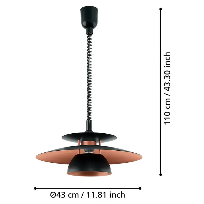 Eglo Pendelleuchte rund Brenda - 60 W, Ø x H: 43 x 110 cm, Schwarz, E27 - Hängeleuchte im modernen Design mit schwarzem und kupferfarbenem Schirm. Ideal für stilvolle Beleuchtung in jedem Raum.