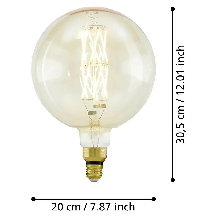 Eglo LED-Lampe - E27, Dimmbar, Warmweiß, 806 lm, 8 W - Nahaufnahme einer großen, bernsteinfarbenen Glühbirne mit sichtbaren Filamenten und Größenangaben.
