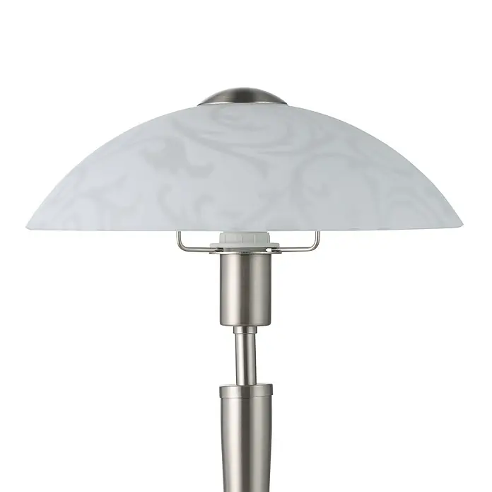 Eglo Tischleuchte rund Solo - 60 W, Nickel/ Weiß - Nahaufnahme einer eleganten, modernen Tischlampe mit einem weißen, floral gemusterten Lampenschirm und einem gebürsteten Metallsockel.