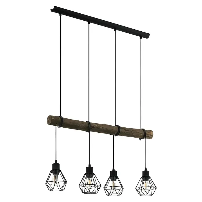 Eglo Pendelleuchte Horningtops - 160 W, L x B x H: 71 x 140 x 110 cm, Schwarz/ Natur - Rustikale Hängeleuchte mit vier Lampen in Käfigoptik, ideal für Esszimmer oder Wohnzimmer.