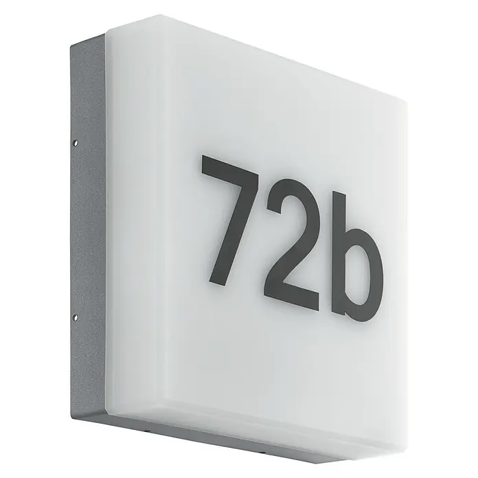 Eglo LED-Außenwandleuchte Cornale - 8,2 W, Schwarz, Anthrazit, Weiß, IP44 - Nahaufnahme eines quadratischen Leuchtkastens mit der Aufschrift "72b" an einer Wand. Der Leuchtkasten ist weiß und hat einen grauen Rahmen.