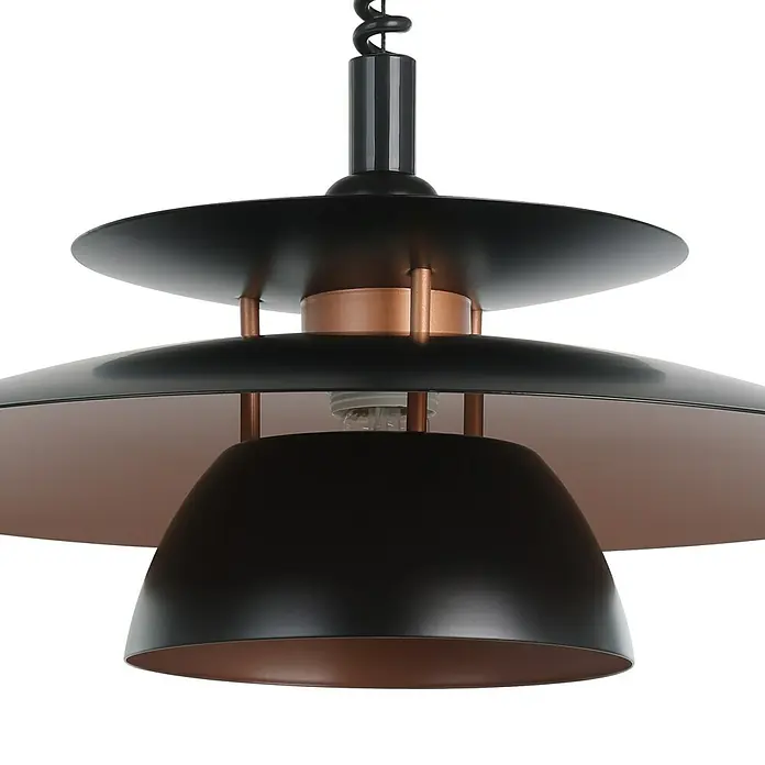 Eglo Pendelleuchte rund Brenda - 60 W, Ø x H: 43 x 110 cm, Schwarz, E27 - Nahaufnahme einer eleganten schwarzen und kupferfarbenen Hängelampe, die modernes Design und stilvolle Beleuchtung vereint.