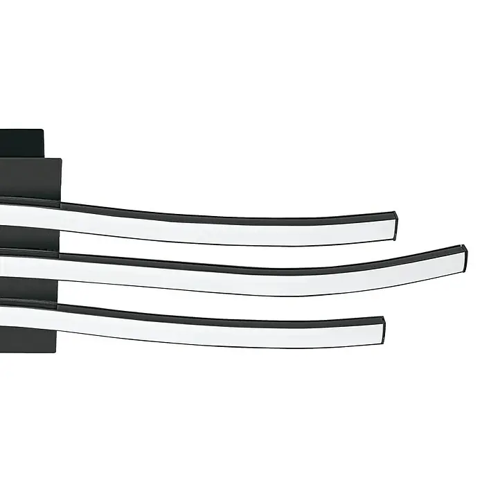 Eglo LED-Wand- & Deckenleuchte - 21 W, L x B x H: 65 x 13 x 4,5 cm, Schwarz/Weiß, Warmweiß - Ein Foto von drei gebogenen, weißen LED-Streifen auf einem schwarzen Untergrund, die für modernes Lichtdesign verwendet werden können.