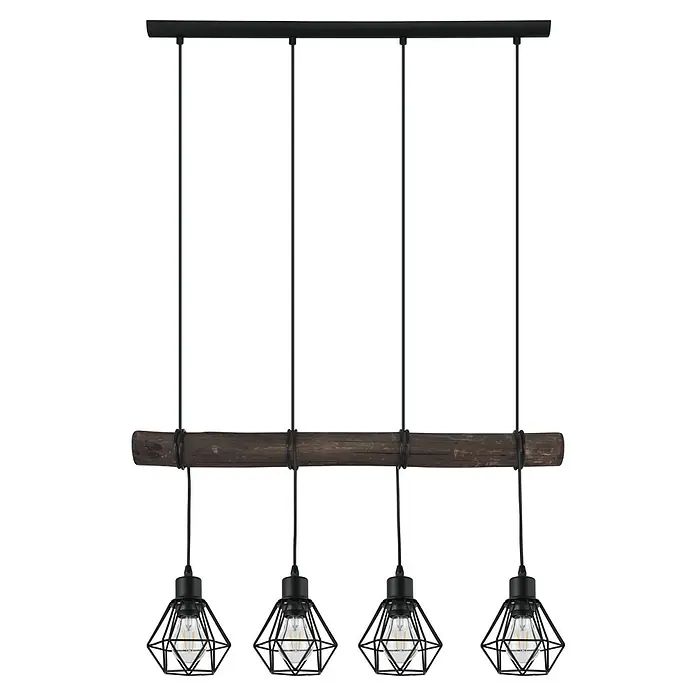 Eglo Pendelleuchte Horningtops - 160 W, L x B x H: 71 x 140 x 110 cm, Schwarz/ Natur - Hängelampe mit vier Pendeln und Käfigdesign. Rustikale Holzbalken-Aufhängung, ideal für Esszimmer oder Wohnbereiche.