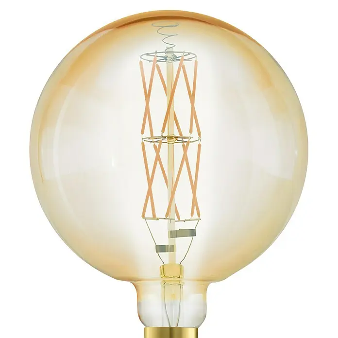 Eglo LED-Lampe - E27, Dimmbar, Warmweiß, 806 lm, 8 W - Nahaufnahme einer dekorativen Vintage-Glühbirne mit warmem Licht und filigranem Glühfaden-Design auf schwarzem Hintergrund.