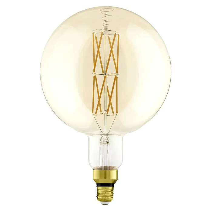 Eglo LED-Lampe - E27, Dimmbar, Warmweiß, 806 lm, 8 W - Nahaufnahme einer dekorativen, bernsteinfarbenen Edison-Glühbirne mit einem einzigartigen, filigranen Glühfaden und einem goldenen Sockel.