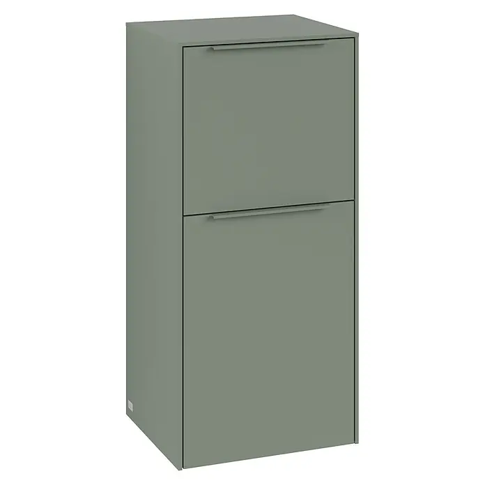 Villeroy & Boch Subway 3.0 Seitenschrank - B x T x H: 40 x 36,2 x 86 cm, Soft Green, DIN Anschlag: Rechts, Farbe Griff: Monochrom - Ein grüner Schuhschrank mit zwei Kippfächern und minimalistischen Griffen, ideal für eine stilvolle und praktische Aufbewahrung von Schuhen.