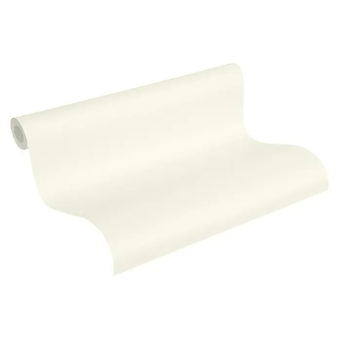 A.S. Création Trendwall Vliestapete I - Creme, Uni, 10,05 x 0,53 m - Eine Rolle eleganter, cremefarbener Tapete, teilweise ausgerollt, präsentiert eine schlichte und doch stilvolle Option für die Inneneinrichtung.