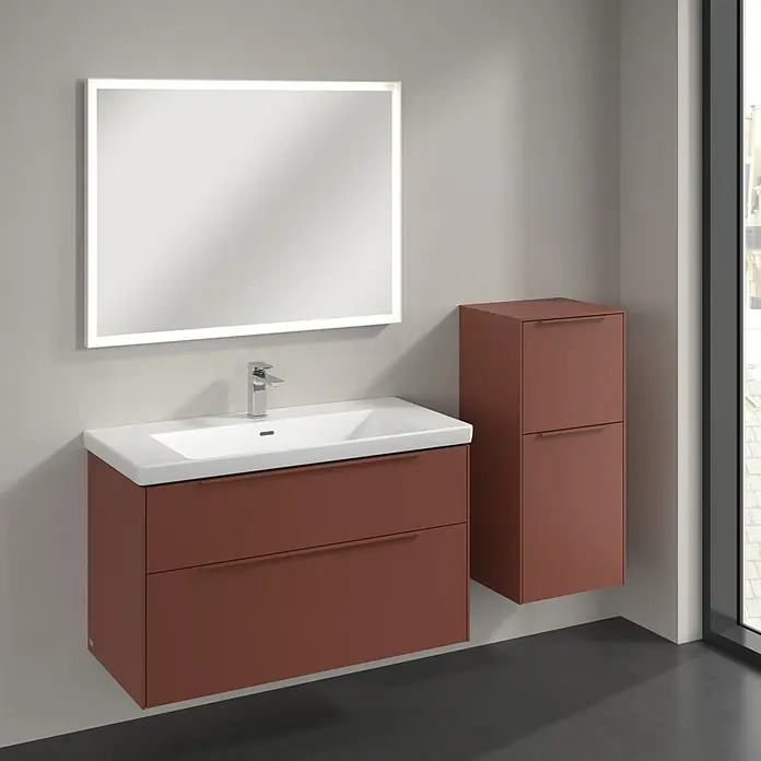 Villeroy & Boch Subway 3.0 Seitenschrank - B x T x H: 40 x 36,2 x 86 cm, Wine Red, DIN Anschlag: Rechts, Farbe Griff: Monochrom - Moderne Badezimmereinrichtung mit Waschtischunterschrank und Spiegelschrank. Elegantes Design in Braun und Weiß.