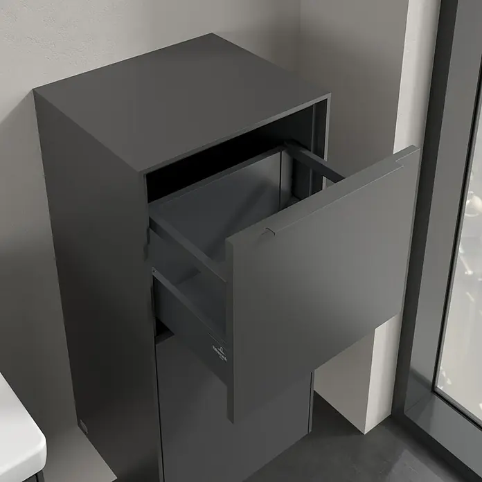Villeroy & Boch Subway 3.0 Seitenschrank - B x T x H: 40 x 36,2 x 86 cm, Graphite, DIN Anschlag: Rechts, Farbe Griff: Monochrom - Grauer Badezimmerschrank mit offener Schublade für einen modernen Look. Ideal zur Aufbewahrung von Badutensilien und Handtüchern.