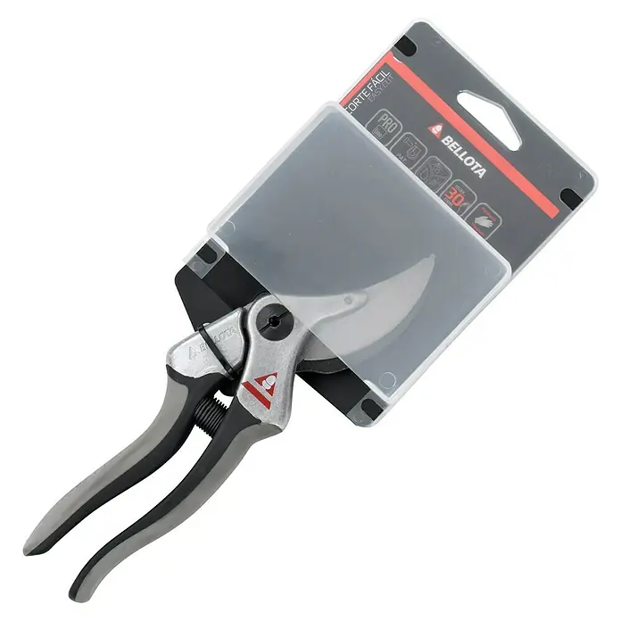 Bellota Tijeras de poda Proline Universal - Grosor de rama máx.: 30 mm - Primer plano de tijeras de podar Bellota con mangos grises y negros y embalaje. Ideal para jardinería precisa y cortes fáciles.