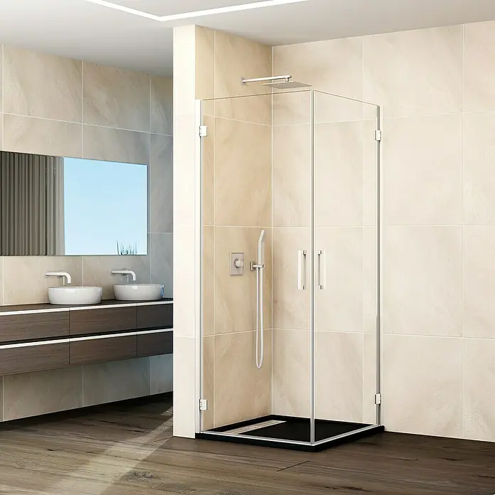 GME Mampara de ducha esquinera Glass K - L x An x Al: 70 x 45 x 195 cm, Blanco - Elegante cabina de ducha con vidrio claro y detalles en negro. Su diseño moderno se integra perfectamente en cualquier baño y proporciona una experiencia de ducha lujosa.