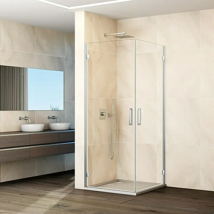 GME Mampara de ducha esquinera Glass K - L x An x Al: 40 x 50 x 195 cm, Cromo - Elegante cabina de ducha transparente con manijas elegantes, que transforma el baño en un oasis de bienestar y ofrece un estilo moderno.