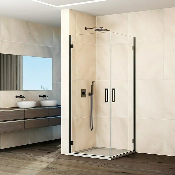 GME Mampara de ducha esquinera Glass K - L x An x Al: 70 x 65 x 195 cm, Titanio - Elegante cabina de ducha negra con dos puertas, complementa perfectamente un baño moderno. Materiales de alta calidad garantizan durabilidad y diseño elegante.