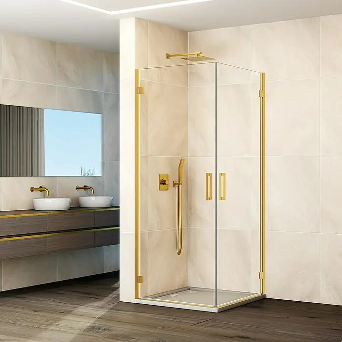 GME Mampara de ducha esquinera Glass K - L x An x Al: 45 x 80 x 195 cm, Oro - Lujosa cabina de ducha con accesorios dorados. El diseño elegante de la cabina de ducha mejora cualquier baño y crea un ambiente elegante.