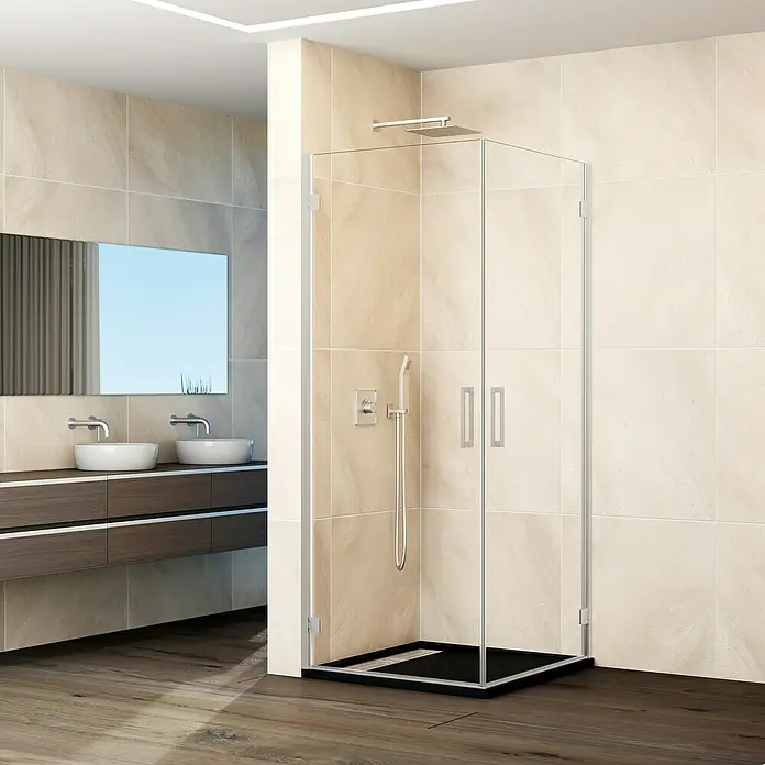 GME Mampara de ducha esquinera Glass K - L x An x Al: 40 x 65 x 195 cm, Nickel - Cabina de ducha con paredes de vidrio transparente, detalles en negro y diseño elegante. La ducha ofrece una experiencia de baño moderna y elegante.