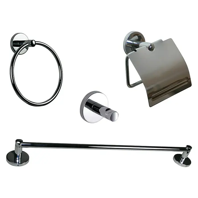 Bath Stage Set de baño B-Smart - 5 pzs., Cromo, Brillante - Juego de accesorios de baño cromados pulidos con toallero de argolla, portarrollos, gancho y barra de toallas para un baño elegante.