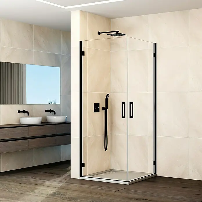 GME Mampara de ducha esquinera Glass K - L x An x Al: 65 x 45 x 195 cm, Negro - Elegante y moderna cabina de ducha con marco negro y accesorios en un baño elegante.