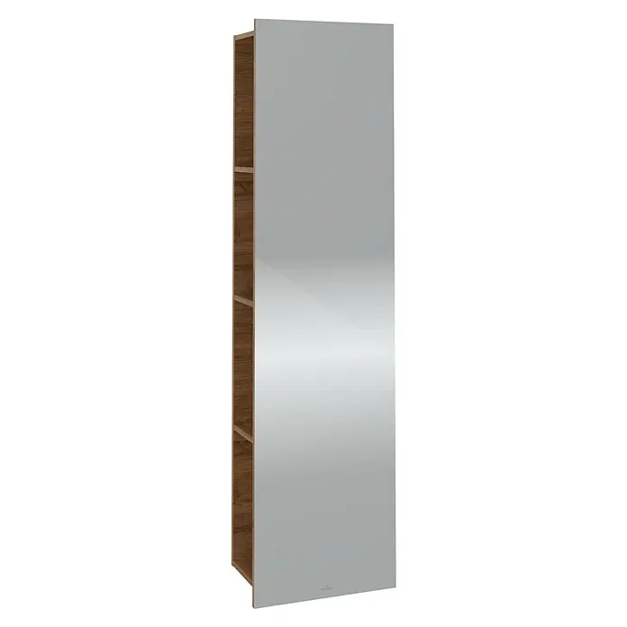 Villeroy & Boch Subway 3.0 Spiegelschrank - B x H: 45 x 170 cm, Kansas Oak, Mit Regal Links - Elegantes Badezimmermöbel mit offenem Holzregal und glatter, grauer Front, das modernes Design und Funktionalität vereint.