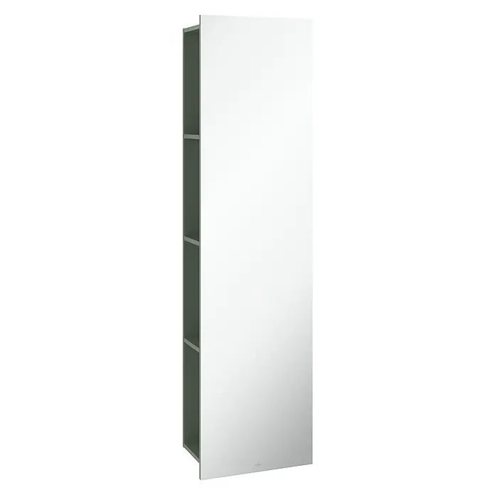 Villeroy & Boch Subway 3.0 Spiegelschrank - B x H: 45 x 170 cm, Soft Green, Mit Regal Links - Hochformatiger Badezimmerschrank mit weißen Fronten und offenen grauen Regalfächern zur stilvollen Badaufbewahrung.