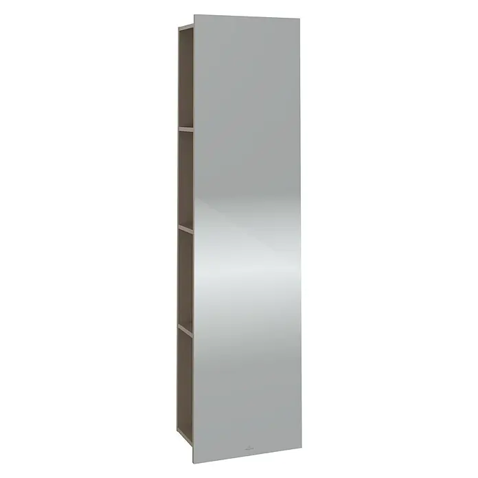 Villeroy & Boch Subway 3.0 Spiegelschrank - B x H: 45 x 170 cm, Taupe, Mit Regal Links - Aufnahme eines hohen, schmalen Badezimmerschranks mit offenen Regalen an der Seite und einer schlichten, modernen Tür.