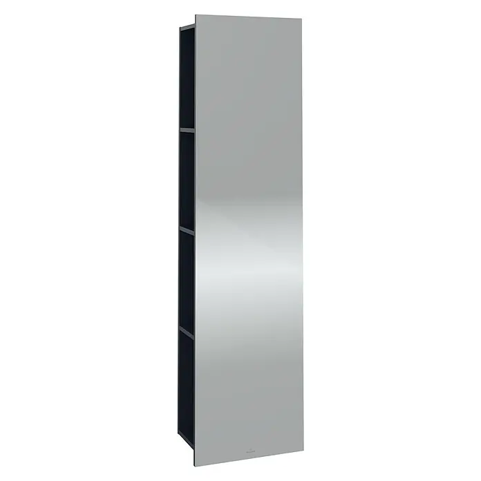 Villeroy & Boch Subway 3.0 Spiegelschrank - B x H: 45 x 170 cm, Marine Blue, Mit Regal Links - Das Bild zeigt einen hohen, schmalen Badschrank in Silber mit offenen schwarzen Regalen, der eine stilvolle und praktische Stauraumlösung bietet.