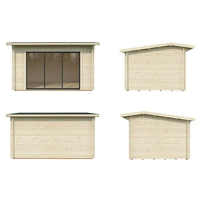Palmako Gartenhaus Ines Slide - Außenmaß inkl. Dachüberstand (B x T): 434 x 379 cm, Tauchgrundiertes Holz, Grau - Ansichten eines Holzhauses mit Fenstern und Satteldach. Das Haus ist aus hellem Holz gefertigt und steht auf einem schwarzen Hintergrund.