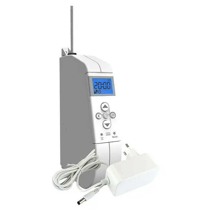 WIR elektronik Rollladen-Gurtwickler EW320 - Lochabstand: 213 mm, Gurtbreite: 5 mm, 1 Stk. - Das Bild zeigt eine Rollladensteuerung mit Zeitschaltuhr, Netzteil und weißem Kabel.