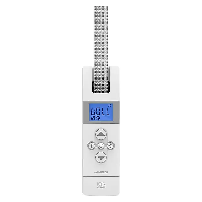 WIR elektronik Rollladen-Gurtwickler Akku EW420-M - Gurtbreite: 12 mm - 15 mm - Bild eines weißen elektronischen Gurtwicklers mit digitalem Display und Bedienelementen. Der eWickler von WIR elektronik für Rollläden.
