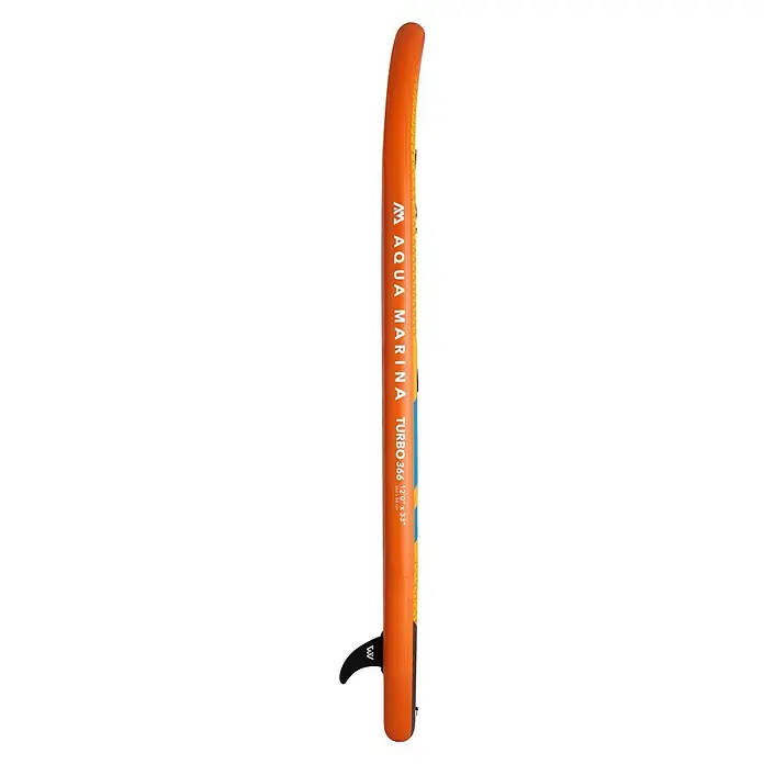 Aqua Marina SUP-Board Turbo - L x B x H: 366 x 84 x 15 cm, Nutzlast: 170 kg, 1 Stk., Aufblasen - Nahaufnahme eines orangefarbenen Aqua Marina Turbo 366 Paddleboards mit Finne für Paddelboard-Enthusiasten.