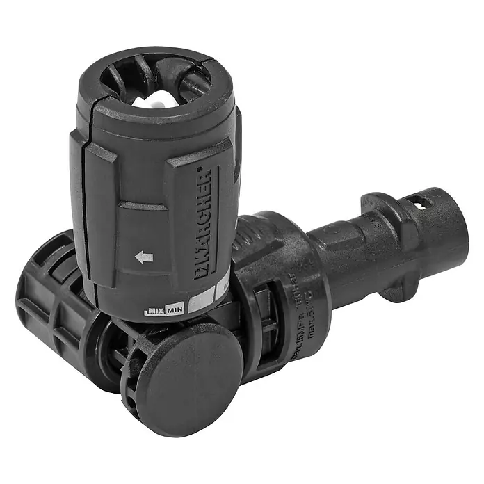 Kärcher Strahlrohr VP 180 S - Passend für: Kärcher Hochdruckreiniger K2 - K7 - Nahaufnahme eines Kärcher-Reinigungsmittelansaugschlauchs mit einem schwarzen Drehknopf zur Steuerung der Reinigungsmittelmischung.