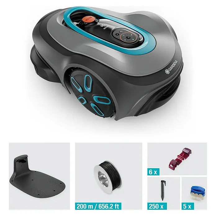 Gardena Mähroboter smart SILENO max - 1.200 m², Schnittbreite: 22 cm, Induktionsgestützte Navigation, Begrenzungskabel - Ein Gardena Mähroboter mit Zubehör wie Kabel, Heringe und Klemmen für die Installation, um den Rasen effizient zu pflegen.