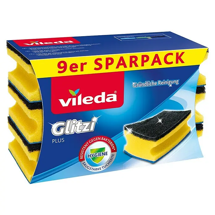 Vileda Glitzi Plus Topfreiniger - Glitzi Härtegrad: 2, 9 Stk., Antibakteriell - Vileda Glitzi Plus 9er Sparpack Scheuerschwämme. Der Sparpack enthält 9 gelbe Scheuerschwämme mit schwarzer Scheuerseite für eine gründliche Reinigung.