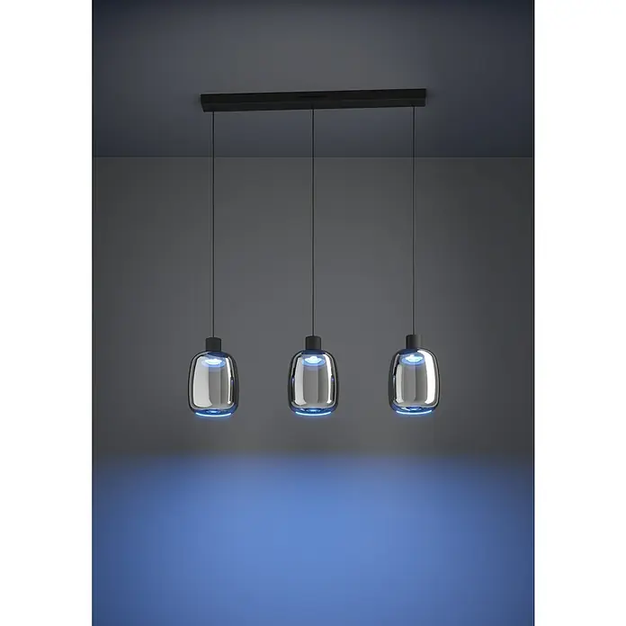 Eglo Pendelleuchte Molochio-Z - 11,1 W, L x B x H: 110 x 12,5 x 12,5 cm, Schwarz, RGBW - Ein elegantes Set von drei Pendelleuchten mit modernem Design und blauem Licht, das eine stimmungsvolle Atmosphäre schafft.