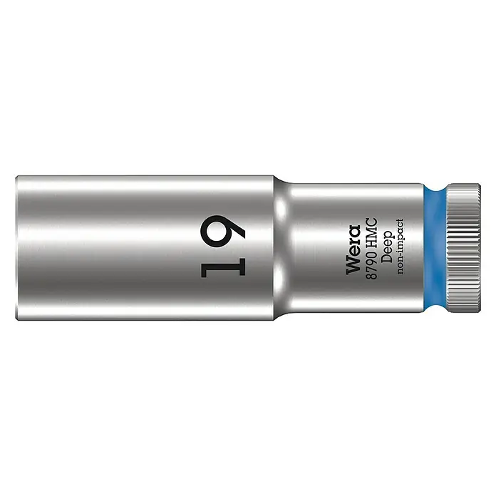 Wera Steckschlüsseleinsatz 8790 HMC - Schlüsselweite: 19 mm, Antriebsgröße: ½″ - Wera 8790 HMC Deep Steckschlüssel, Größe 19, für tiefliegende Schrauben und Muttern. Robuste Ausführung für hohe Drehmomente.