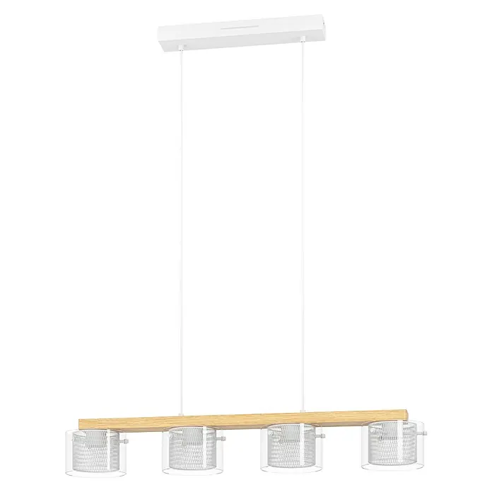 Eglo connect.z LED-Pendelleuchte Portico-Z - 14,8 W, L x B x H: 88 x 150 x 110 cm, Braun, RGBW - Nahaufnahme einer eleganten Pendelleuchte mit Holzbalken und vier Lampenschirmen. Perfekt für moderne Esszimmer.