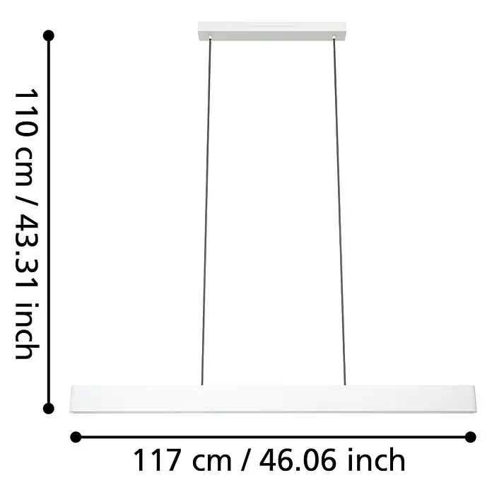 Eglo LED-Pendelleuchte Andreas-Z - 38 W, L x B x H: 117 x 7 x 110 cm, Grau, RGBW - Produktbild einer linearen, weißen Pendelleuchte mit Maßangaben zu Länge und Höhe.